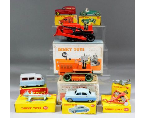 A collection of twelve boxed Dinky toys, including Cooper Bristol Racing Car (233), Austin Van "Nestles", (471), Autobus Atla