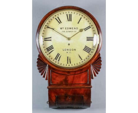 A Victorian mahogany drop dial wall clock by William Edmead, 138 Gower Street, London, the 12ins diameter painted metal dial 
