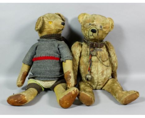 An early 20th Century blonde mohair teddy bear with hump and button eyes, possibly German, 24ins, (worn and one eye missing),