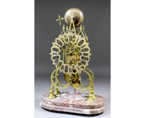 A 19th Century brass framed Skeleton clock with 6ins diameter silvered pierced chapter ring with Roman numerals, to the twin 