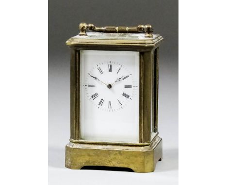 A late 19th/early 20th Century French miniature carriage timepiece, the white enamel dial with Roman numerals to the eight da