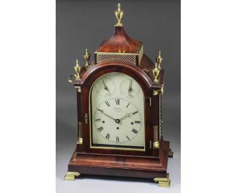 A late George III mahogany mantel clock by Sargent, Jermyn Street, London, the 8ins arched painted metal dial with Roman nume