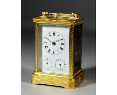 A late 19th Century French "Grande Sonnerie" carriage clock in the manner of Achille Brocot, the 2ins diameter white enamel d