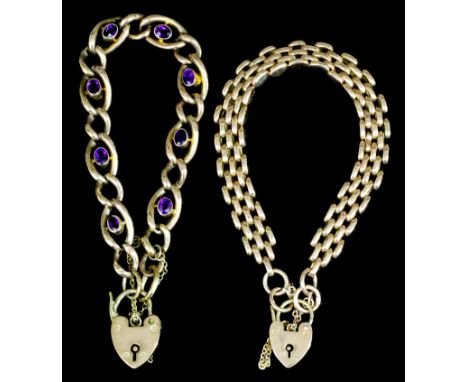 A 9ct gold three gate bracelet with heart pattern padlock clasp, (weight 14 grammes), and a late Victorian gold coloured meta
