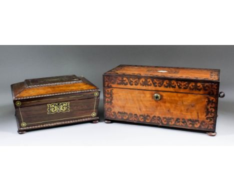 A George IV brass inlaid rosewood rectangular sarcophagus-shaped workbox, 11ins x 8ins x 5.5ins high and an early Victorian s