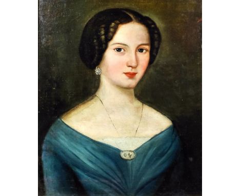 19th Century Continental school - Oil painting - Shoulder length portrait of a young woman wearing a blue dress, canvas laid 
