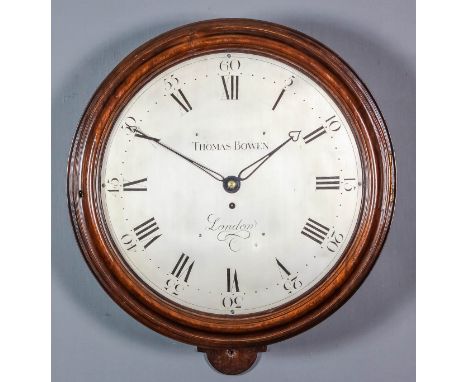 A late 18th Century mahogany dial wall clock by Thomas Bowen of London, the 15ins diameter silvered dial with Roman and Arabi