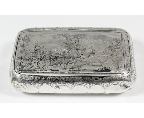 A late 19th Century Russian silver rectangular snuff box, the lid engraved with hunting scene, the back and sides with scroll