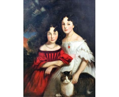 19th Century English school - Oil painting - Three quarter length portrait of two girls with a tabby cat, relined canvas 36in