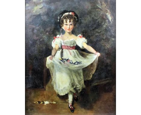 20th Century English school - Oil painting - Full length portrait of a young girl in bonnet and flowers in her apron, canvas,
