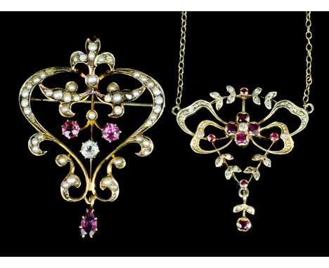 An Edwardian 9ct gold seed pearl, pink and white sapphire set pendant or brooch at will, the circular cut pink and white sapp