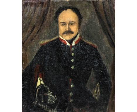 19th Century Continental school - Pair of oil paintings - Half length portrait of an Officer in uniform and his wife, boards,