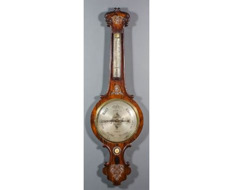 A Victorian rosewood cased wheel barometer and thermometer by D.Barloni of London, with 10ins diameter silvered dial and bow 