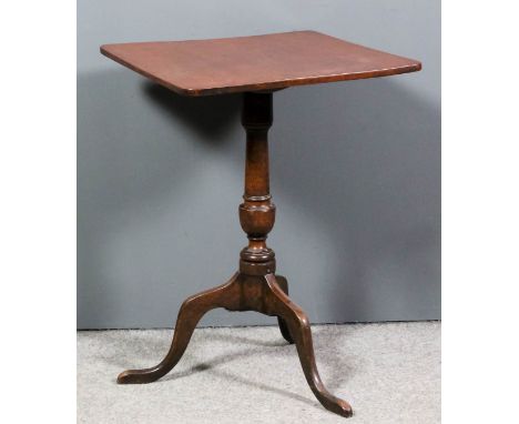 A late George III mahogany square tripod occasional table, the plain top on turned column and cabriole supports, 20ins square