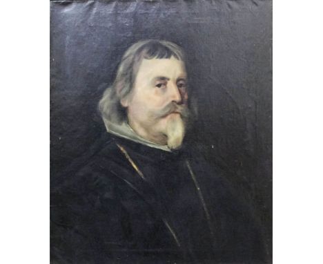 19th Century Continental school - Oil painting - Shoulder length portrait of a bearded gentleman wearing 17th Century dress, 
