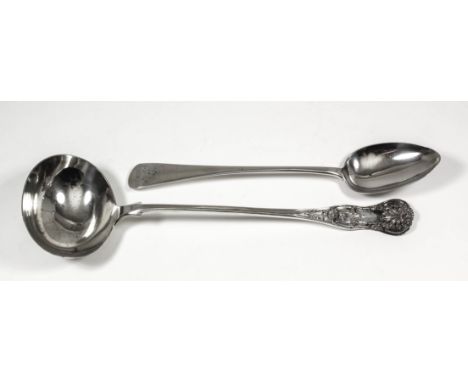 A late Victorian silver Kings pattern soup ladle by Robert William Jay, London 1892, and an early Victorian silver gravy spoo