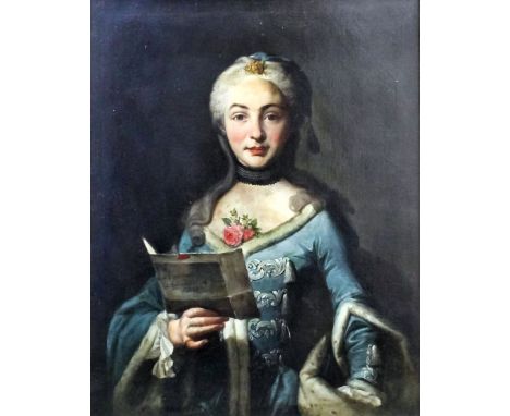 Studio of Jean-Marc Nattier (1685-1766) - Oil painting - Half length portrait of a young woman wearing ermine trimmed blue si