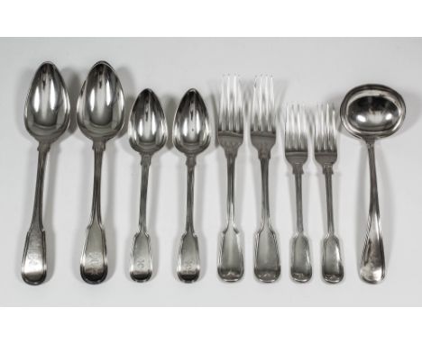 A Dutch silver fiddle and thread pattern part table service comprising - six table spoons, six table forks, Amsterdam 1831, t