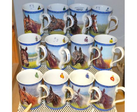 A set of six Danbury Mint equestrian Racing Legends ceramic mugs, by Graham Isom; another set of six similar, horse racing, R