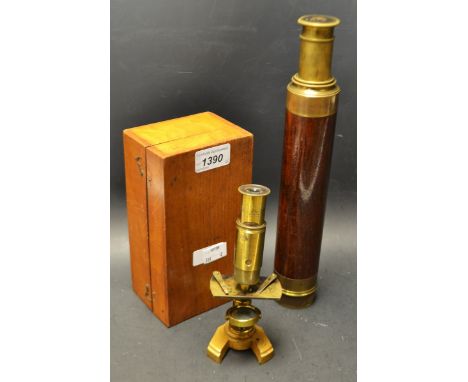 Scientific instruments - A late 19th/20th century three drawer brass telescope, wooden outer case,unnamed , open length 76cm;