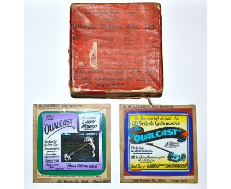 Advertising - an Australian/ English magic lantern slide for Qualcast Lawn Mowers, marked Gibbs Bros, 301 Flinders, Aust Reps