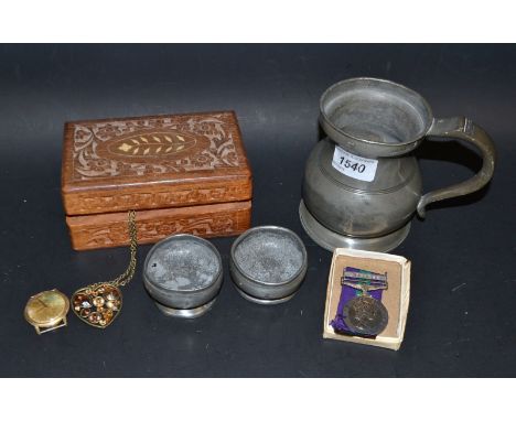 A Queen Elizabeth II Malaysia medal and bar, TPR R MUTIMER, 12TH L, no. 2266685, boxed; a Saga watch head; carved box; pewter