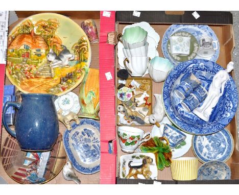 Four Copeland Spode egg cups; a bowl similar; Wade whimsies; other animal models; a Denby electric blue pitcher; a miniature 