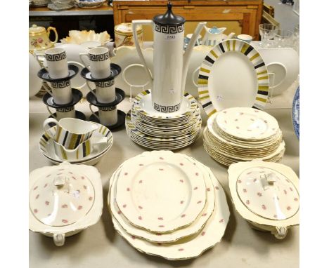 A Portmerion Greek Key pattern coffee pot, six coffee cans and saucers; a Midwinter Queensberry pattern part dinner service; 