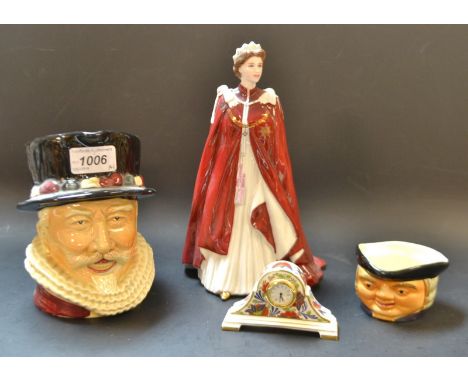 A Royal Worcester figure, the Queens 80th Birthday, dressed in British Empire Robes;  a Shorter toby jug, Beefeater ;  a mini