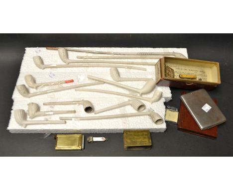 Tobacciana - long clay pipes inc Watkinson;  spiralled shaft;  etc;  others smaller mask head;  Harp;  plain etc;  a cigar cu