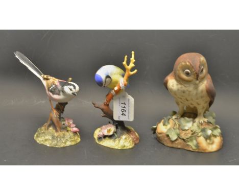 A Royal Crown Derby Owl model, hand painted with hand applied ivy leaves ; others, longtailed tit, bluetit (faults)