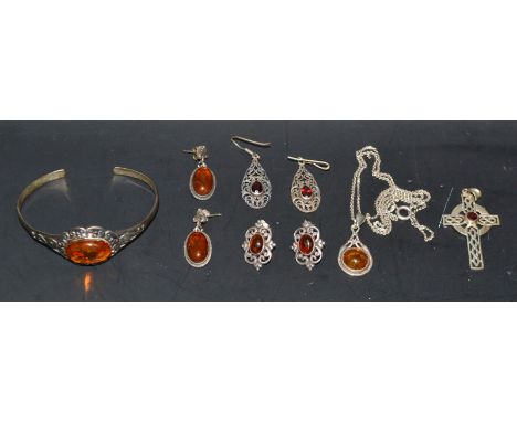 A copal amber and silver bangle;  a similar celtic cross pendant;  others;  earrings, etc 28.5g gross