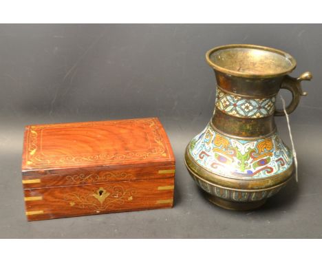 A Chinese Cloisonne enamel vase, cast character marks; a brass inlaid domed jewellery box (2)