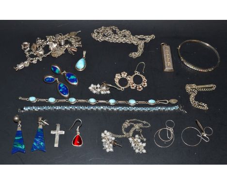 Silver Jewellery - a charm bracelet;  hinge bangle, earrings, stone set bracelets, ingot etc qty 167g gross