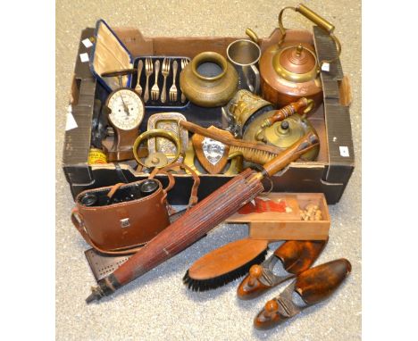 Boxes and Objects - a small Cairo ware tray; a 19th century cribbage board; an Indian vase; copper kettle; button cleaner; et