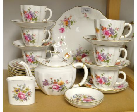 A Royal Crown Derby Posie pattern bachelor's teapot, six cups, saucers, tea plates, bread and butter plate; Royal Worcester t