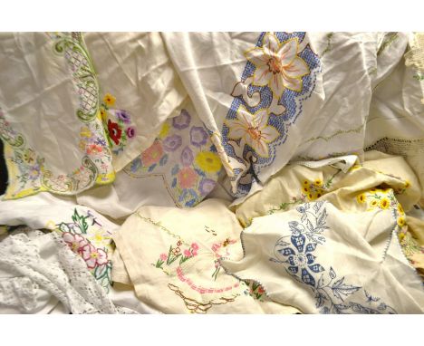 Textiles - Hand embroidered linen and lace edged table cloths, country garden flowers, crinoline lady, etc, qty.