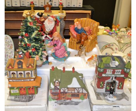 A ceramic five piece Christmas decoration comprising Santa emerging from the hearth and children decorating a Christmas tree;