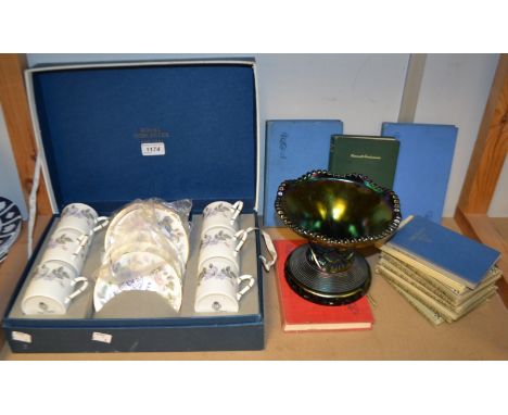 A Royal Worcester June Garland coffee set for six, boxed; A carnival glass vase, geometrical pattern.Books - Milne (A.A.) Win