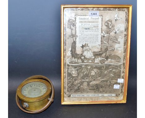 A Sestrel brass WWII ship's compass, number BB3/1219; a Blue Star Line novelty Equatorial Passport, TSS Avelona Star, dated 1