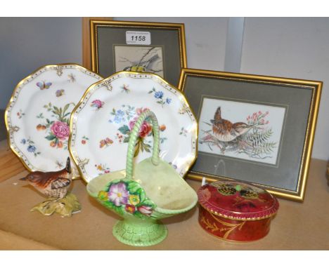 A Beswick model of a wren; Cashes silk of a wren, another, great tit,framed; a pair of Royal Crown Derby Derby days flutted s