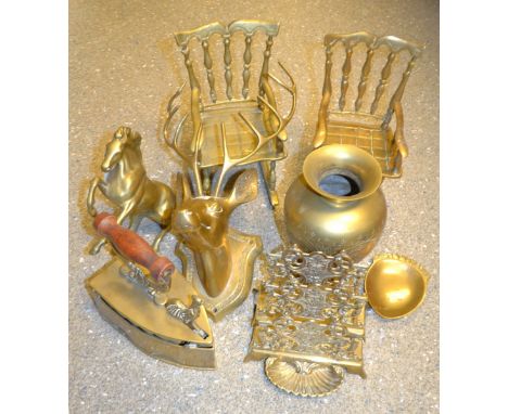 Brassware - a vintage slug/coal iron; a letter rack; rocking chairs; etc.