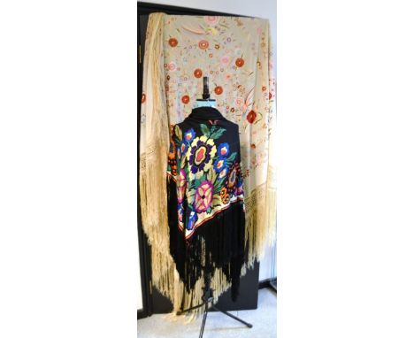 Vintage Costume - 1920s piano shawl embroidered in silk flowers and birds;  another hand embroidered, bright floral design on