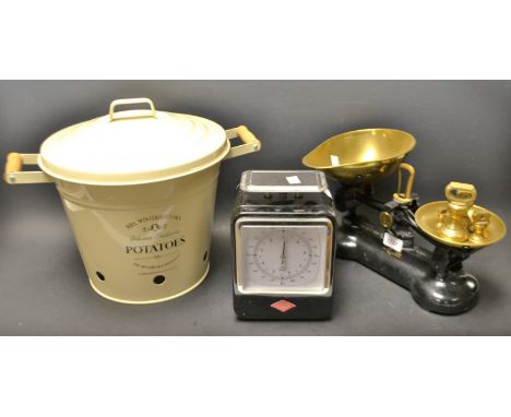 A set of Libra  & co. cast scales with brass weights; another, Wesco; a Mrs. Winterbottoms reproduction potato tin storage bu