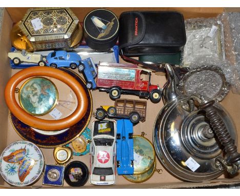 A Royal Crown Derby trinket pot and cover, Butterflies of the World, second; three hat pins, lady's powder compacts, a chrome