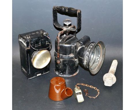 Railwayania - A LMS guards lamp serial number 878136, formally 686127; another; an MRO tea kettle ink; an LMS Acme thunderer 