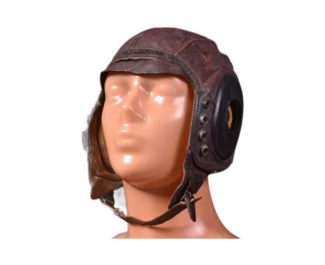 A WWII Second World War USAAF United States Army Air Force leather flying helmet Type A-II. Brown leather outer, chamois line