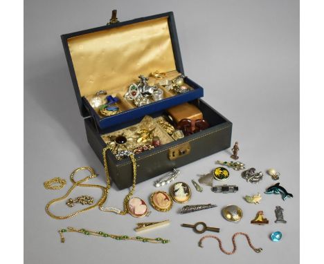 A Mid 20th Century Cantilevered Jewellery Box Containing Various Vintage Costume Jewellery to Include Brooches, Pendants, Nec