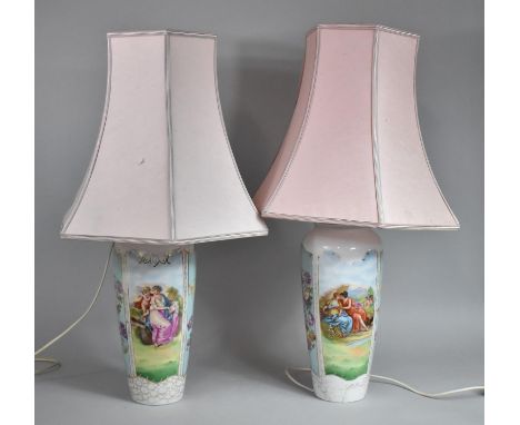 A Pair of Tall Slender Ceramic Table Lamps with Shades, Decorated with Classical Figures and Flowers etc, Condition Issues 