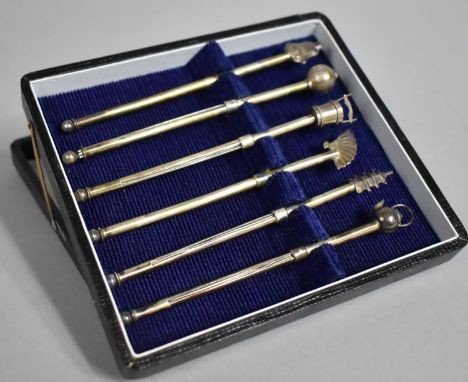 A Cased Set of Six Novelty Cocktail Swizzle Sticks with Oriental Themed Finials to Include Buddha, Bucket, Fan, Pagoda, Teapo